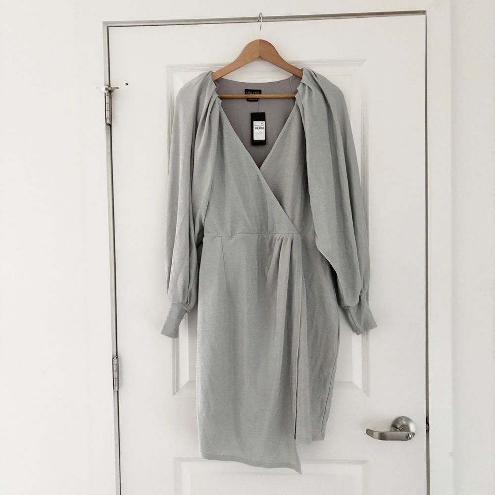 NWT City Chic Party Light Metallic Silver Faux Wrap Dress Stretch - Picture 5 of 11